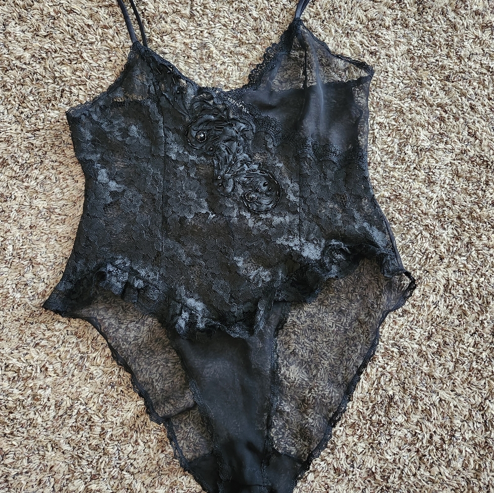 Black Lace Bodysuit Lingerie Vintage Gold Label